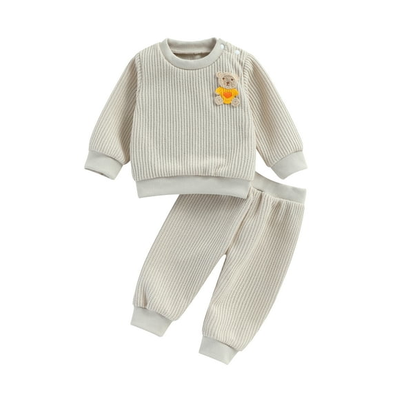 Bagilaanoe 2PCS Newborn Baby Girl Boy Long Pants Set Bear Embroidery Long Sleeve Sweatshirt Pullover Tops Sweatpants 6M 12M 18M 24M Infant Casual Sweatsuits