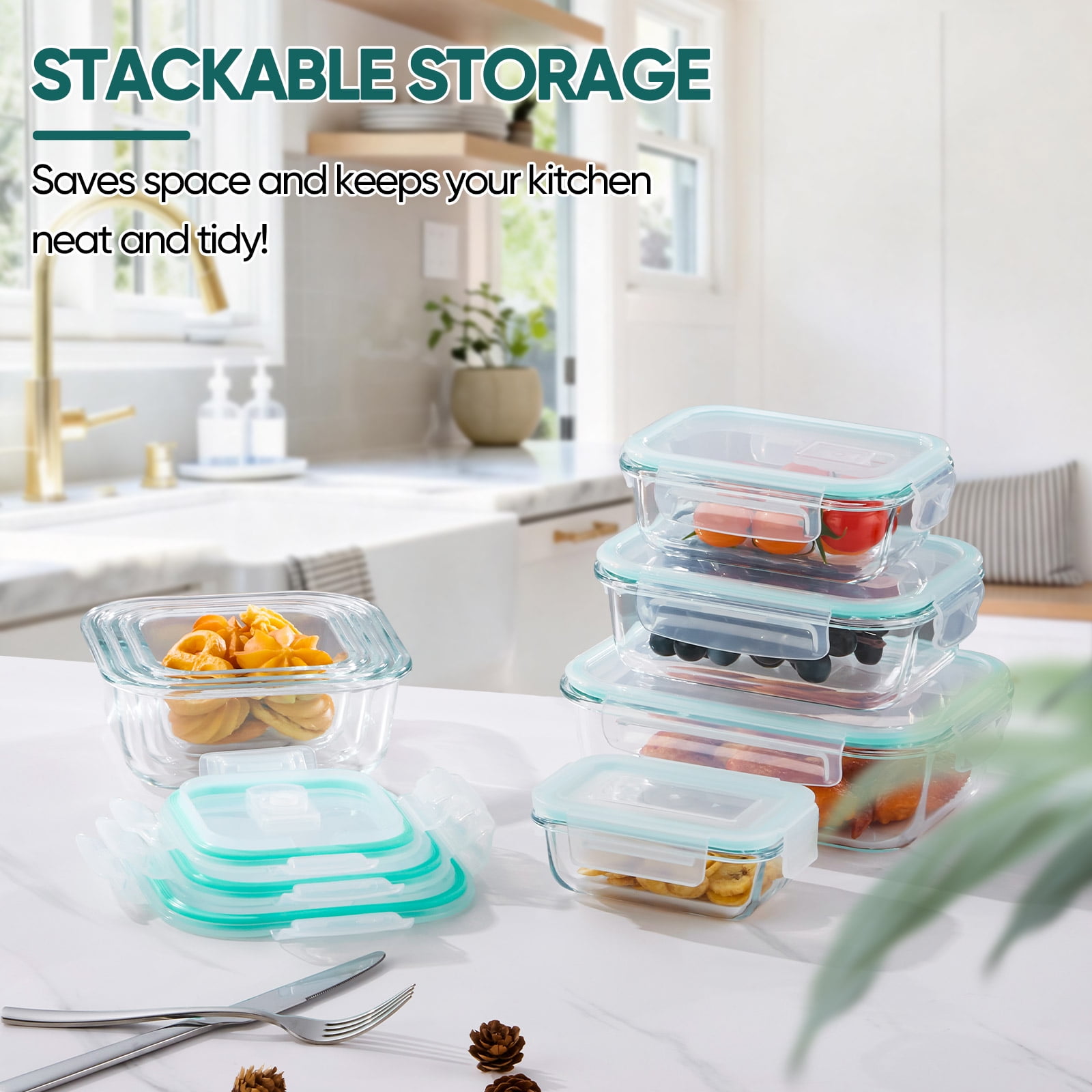 Vesteel 7 Pack Glass Food Storage Containers Set with Airtight Lid, Glass Meal Prep Containers with Vented Lid for Kitchen, BPA-Free Bento Lunch Box , Microwave, Freezer & Dishwasher Safe