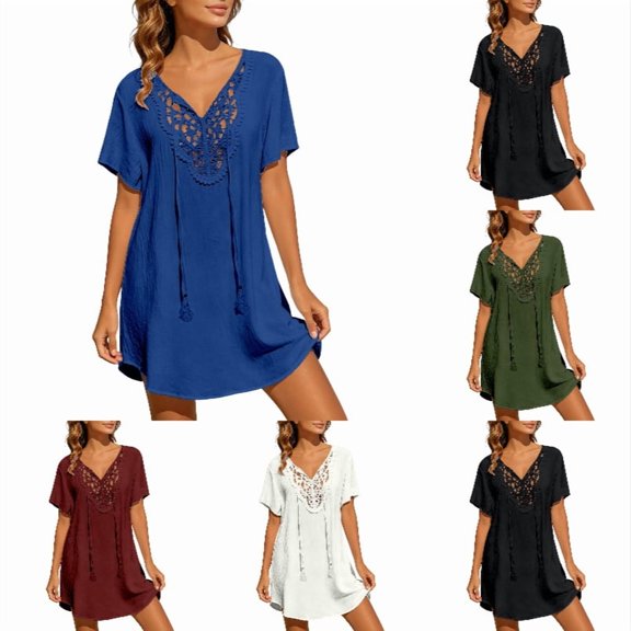 QHFBli Women's Bathing Suit Cover Up Dress Lace Crochet V Neck Summer Beach Bikini Swimsuit Coverup Blue L