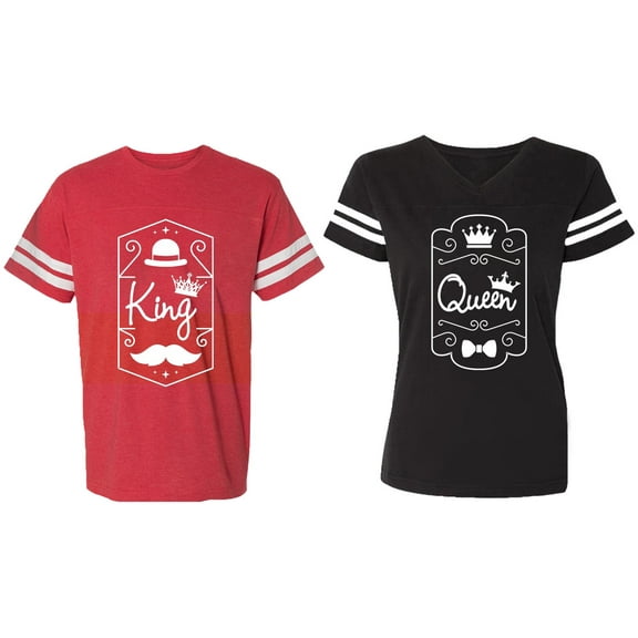 King Queen White Pentagon Matching Couple Cotton Jerseys (Men Red / Women Black) (Men S / Women S)