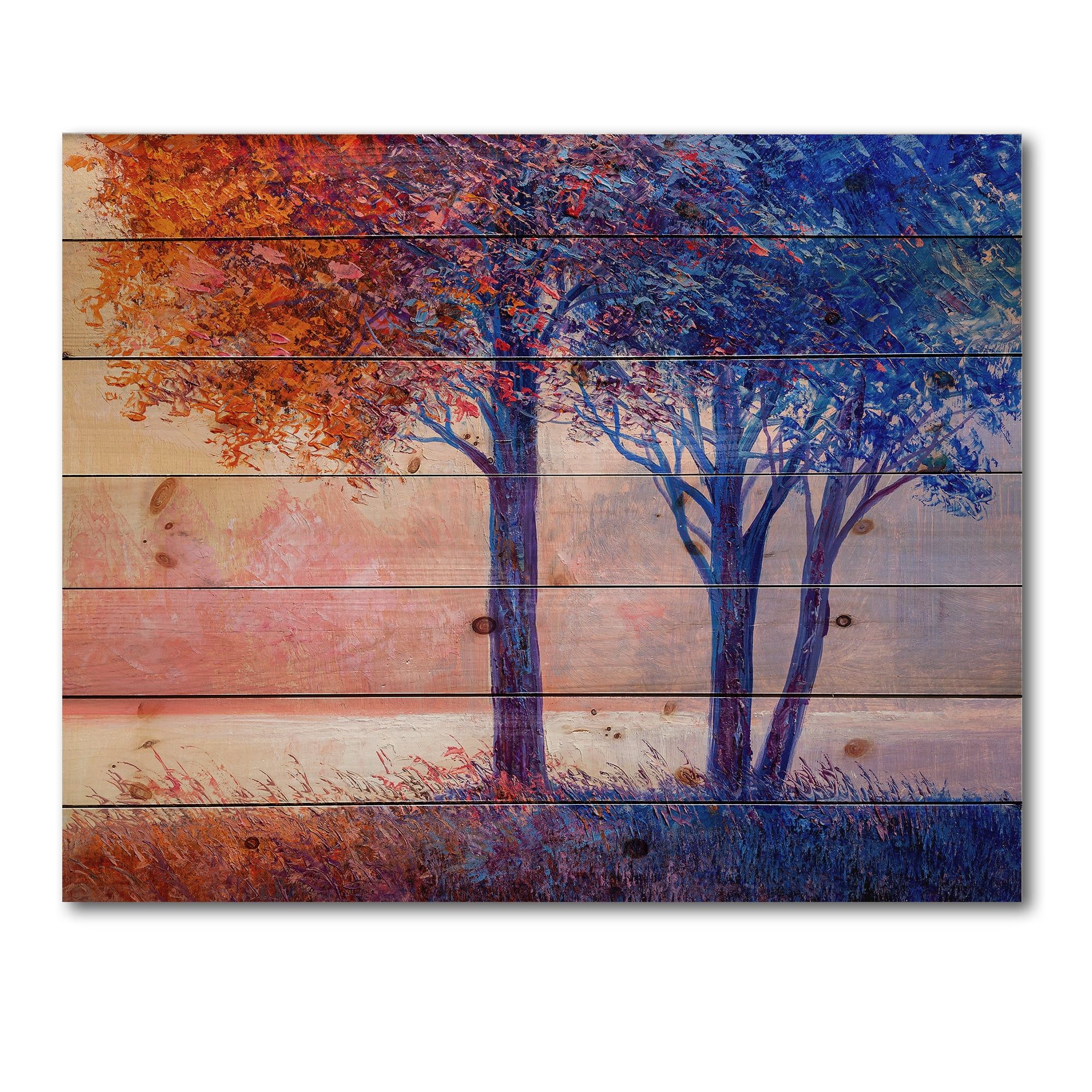 Designart 'Colorful Autumn Forest Trees Along Beautiful River' Lake House Print on Natural Pine Wood