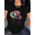 thumbnail image 2 of Rose Print Crew Neck T-shirt, Casual Short Sleeve Tee For Spring & Summer, Women's Clothing, 2 of 8