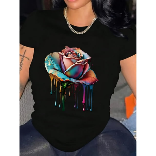 Rose Print Crew Neck T-shirt, Casual Short Sleeve Tee For Spring & Summer, Women's ClothingFather's Camisetas para mujer, lindas camisetas con estampado gráfico, de manga corta, estilo casual, para ve