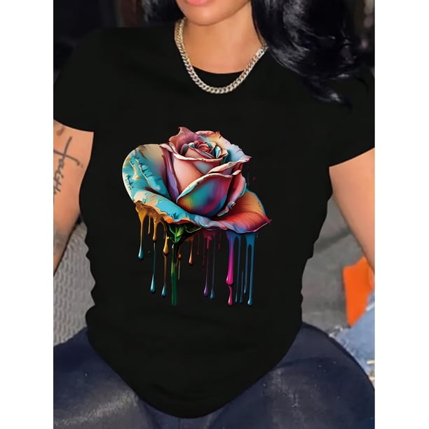 Rose Print Crew Neck T-shirt, Casual Short Sleeve Tee For Spring & Summer, Women's ClothingFather's Camisetas para mujer, lindas camisetas con estampado gráfico, de manga corta, estilo casual, para ve