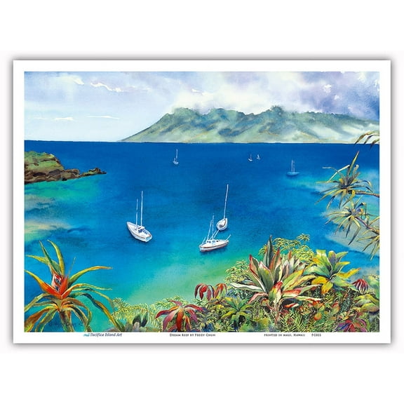 Dream Reef - Hawaiian Islands - Sailboats Anchored in Peaceful Bay - From an Original Hawaii Watercolor Painting by Peggy Chun - Master Art Print (Unframed) 9in x 12in