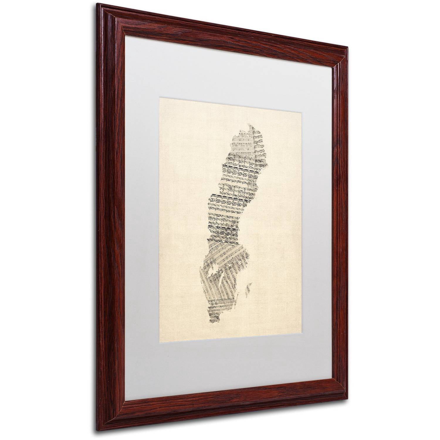 Trademark Fine Art 'Old Sheet Music Map of Sweden' Canvas Art by Michael Tompsett, White Matte, Wood Frame