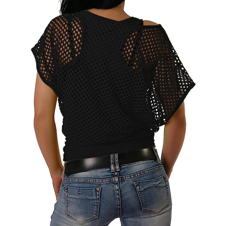 FhsagQ Female Going out Tops Women 80S T Shirts Neon Fishnet Mesh Top off Shoulder Tops for Women Black M