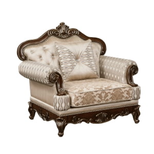 Traditional Chair - Cherry Finish with Gold Tipping, Faux Crystal-Tufted Brown Chenille Fabric, and Toss Pillow