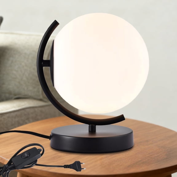 Modern Globe Table Lamp with 7.1" Frosted Glass Shade, Plug-in Bedside Lamp with Switch, Black Metal Base for Bedroom or Desk