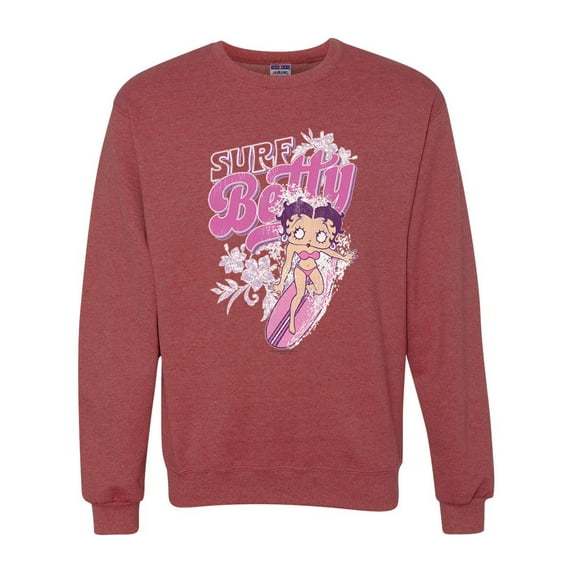 Wild Bobby, Shore Surfer Betty Boop Betty Boop Unisex Crewneck Sweatshirt, Vintage Heather Red, Small