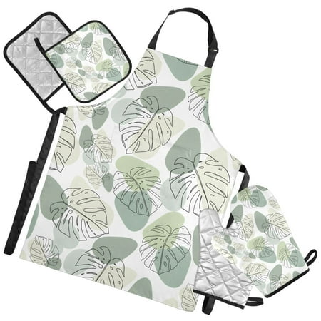 Ryvnso Summer Palm Leaf Kitchen Apron Oven Mitts Set Pot Holders