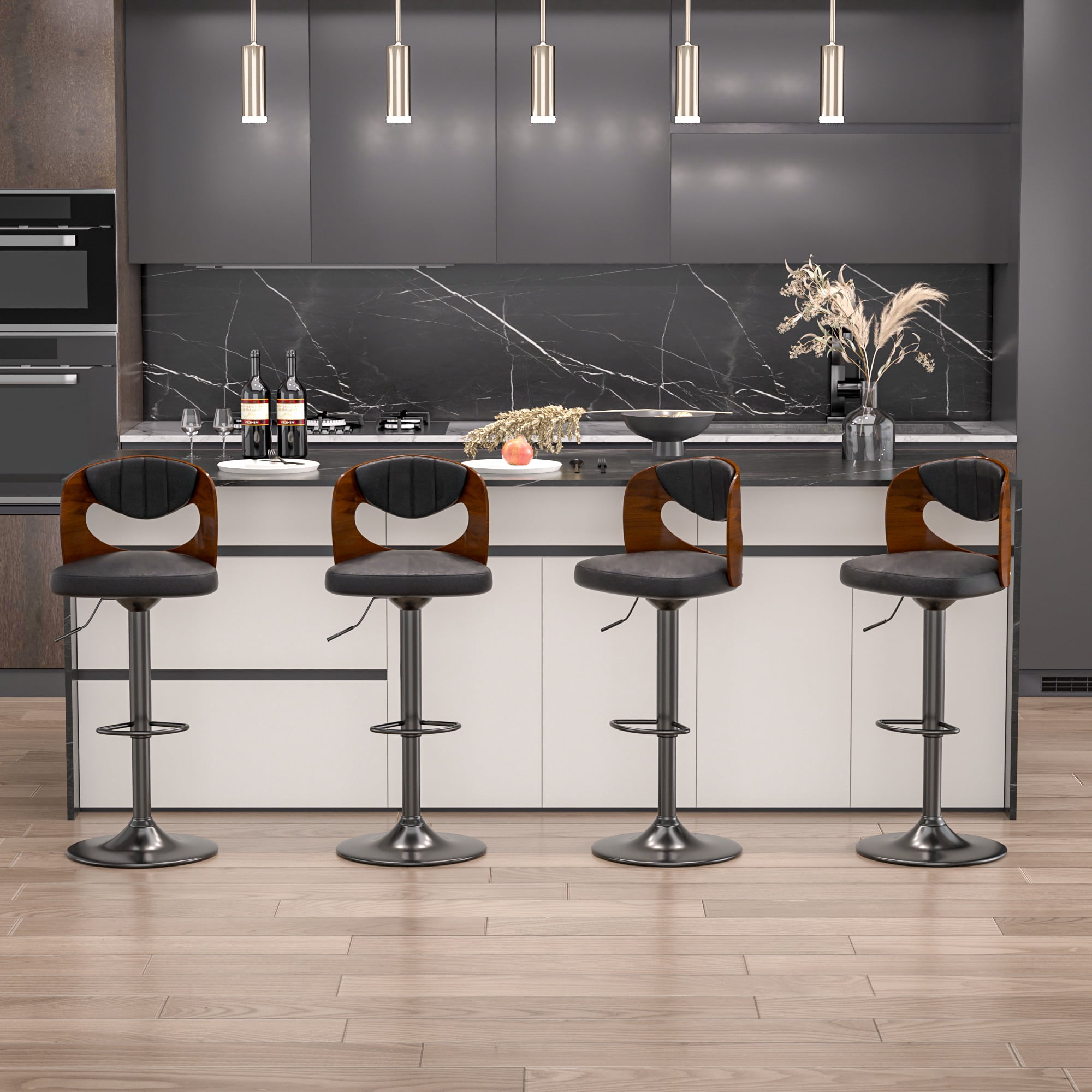 VECELO Mid-Century Bar Stools Set of 4, Modern Swivel and Adjustable Counter Height Kitchen Bar Chair with Bentwood Back, Black