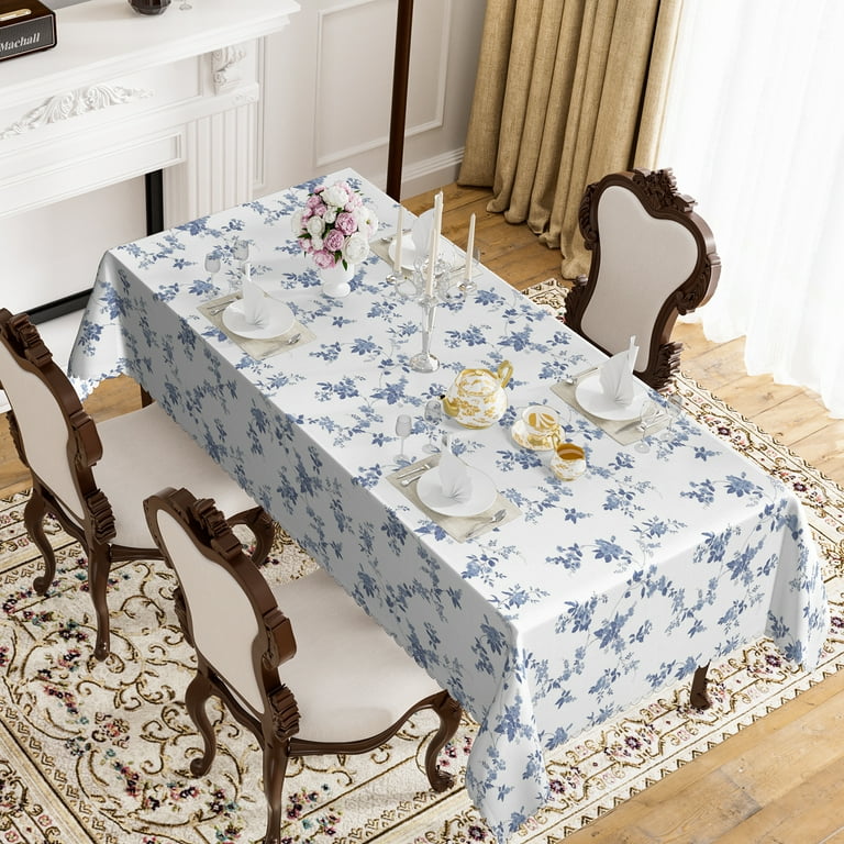 MIZHONA Blue Floral Tablecloth Rectangle,Flower Pattern