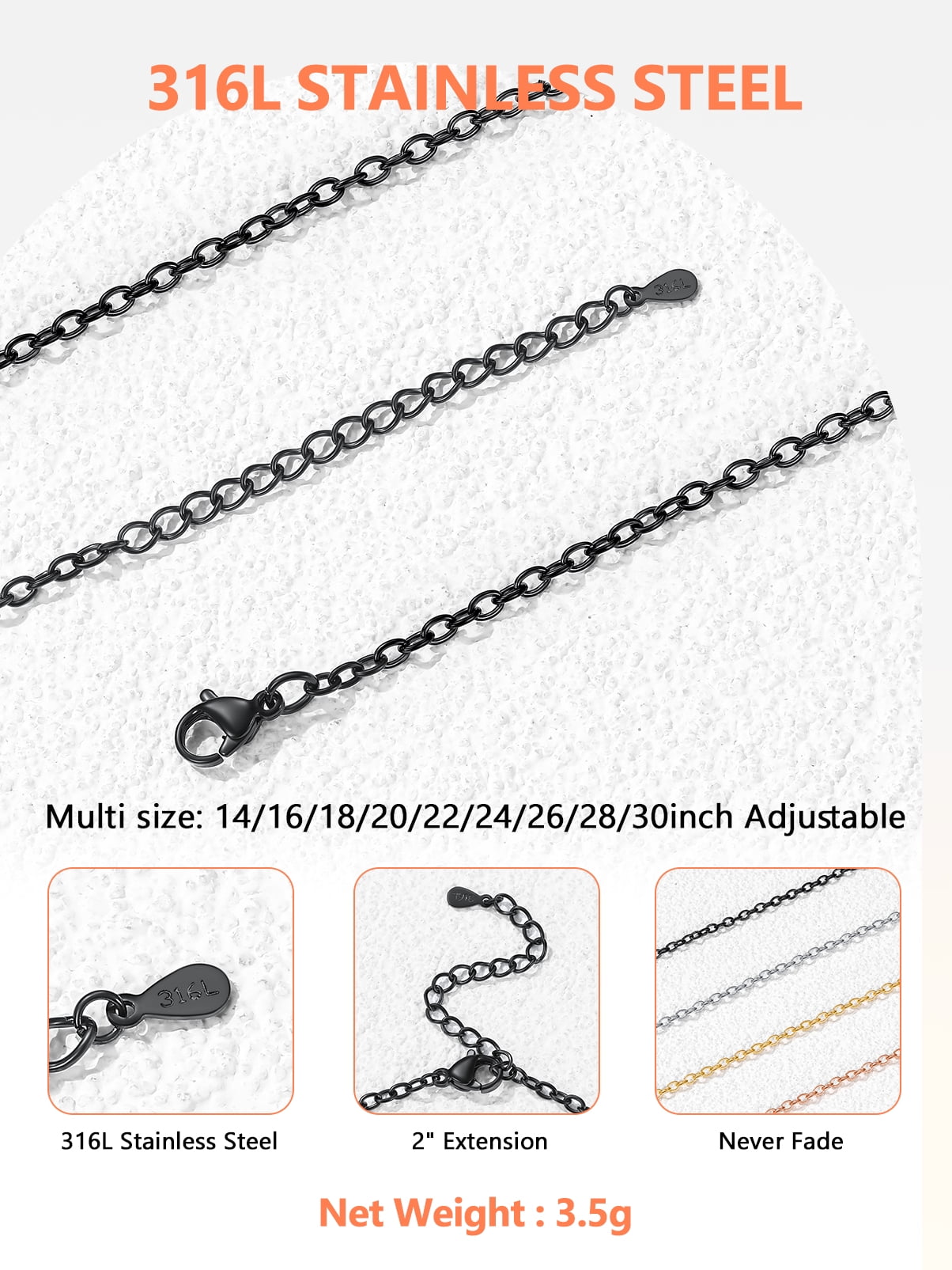 Silovra Women Men Stainless Steel Chain Necklace Black Rolo Cable Chain for Pendant, 2mm Wide, 14/16/18/20/22/24/26/28/30inches