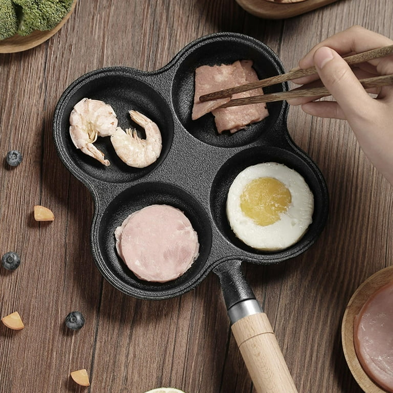 Frying Pan with 4 Hole Pan Fried Pan for Breakfast Making Cooker, Compact Cast Iron Fry Pan, Size: 36x19cm, Black