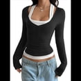 thumbnail image 1 of Camisetas Henley de Larga para Mujer, Blusa Básica Informal de Punto Acanalado con Botones y Corte Ajustado. Negro L, 1 of 7