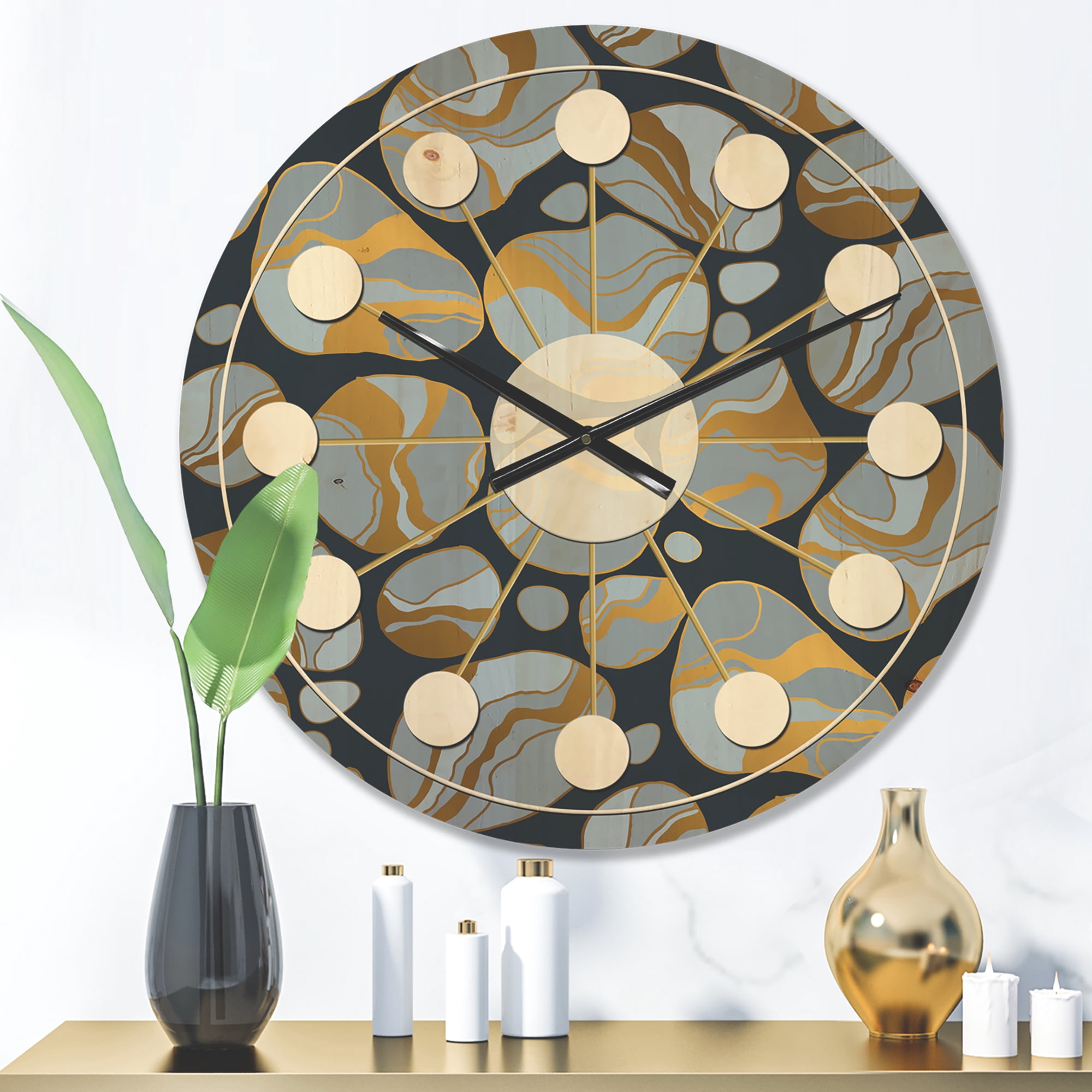 Designart 'Golden Colored Marble Design IV' Mid-Century Modern Wood Wall Clock