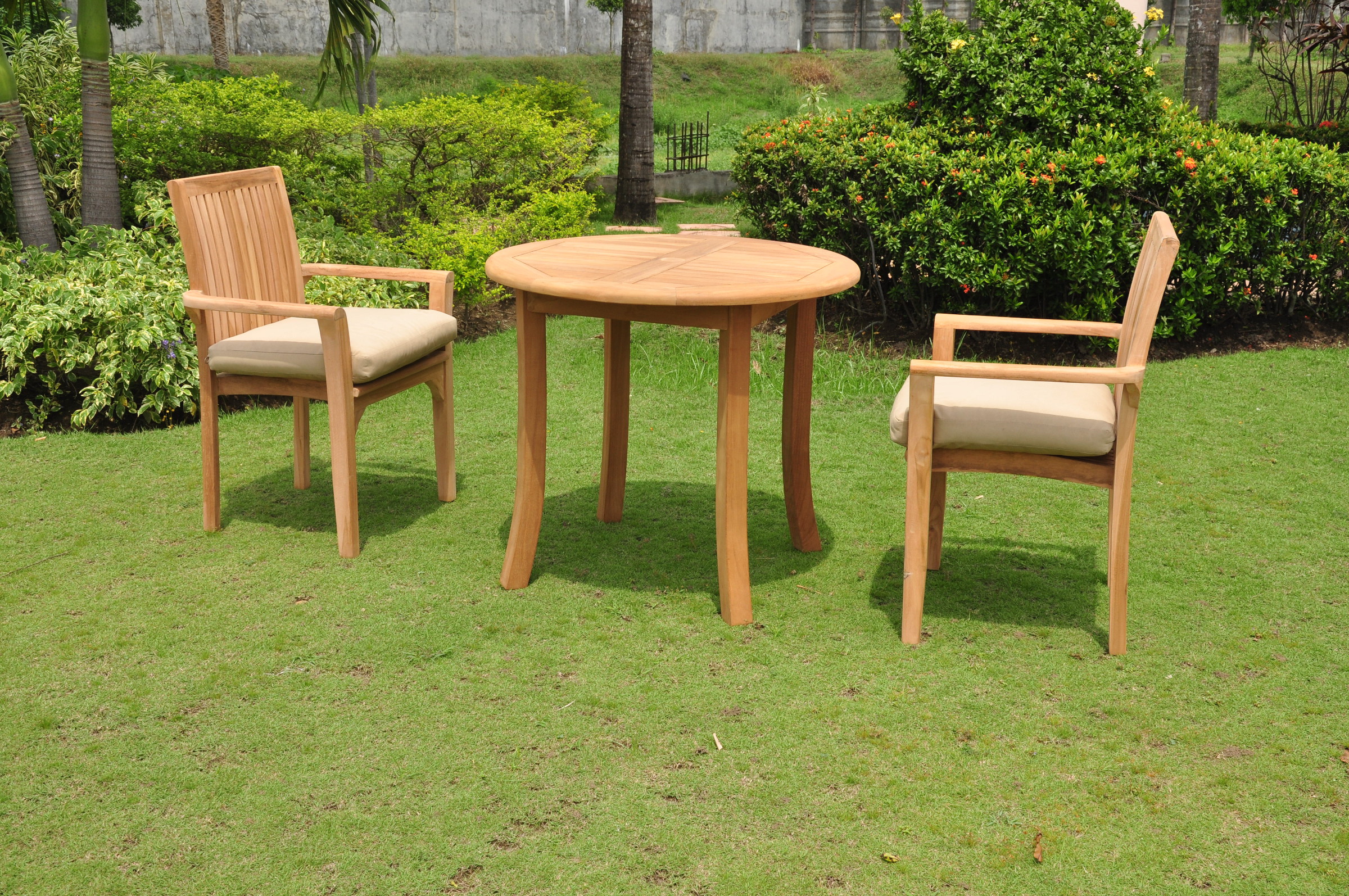Teak Dining Set:2 Seater 3 Pc -36" Round Table And 2 Lua Stacking Arm Chairs Outdoor Patio Grade-A Teak Wood WholesaleTeak #WMDSLU1 - image 1 of 4