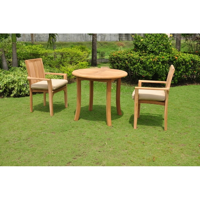 Teak Dining Set:2 Seater 3 Pc -36" Round Table And 2 Lua Stacking Arm Chairs Outdoor Patio Grade-A Teak Wood WholesaleTeak #WMDSLU1