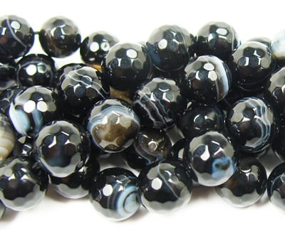 Round Faceted Stripe Black Agate Onyx Natural Stone Beads for Jewelry Making 15" 