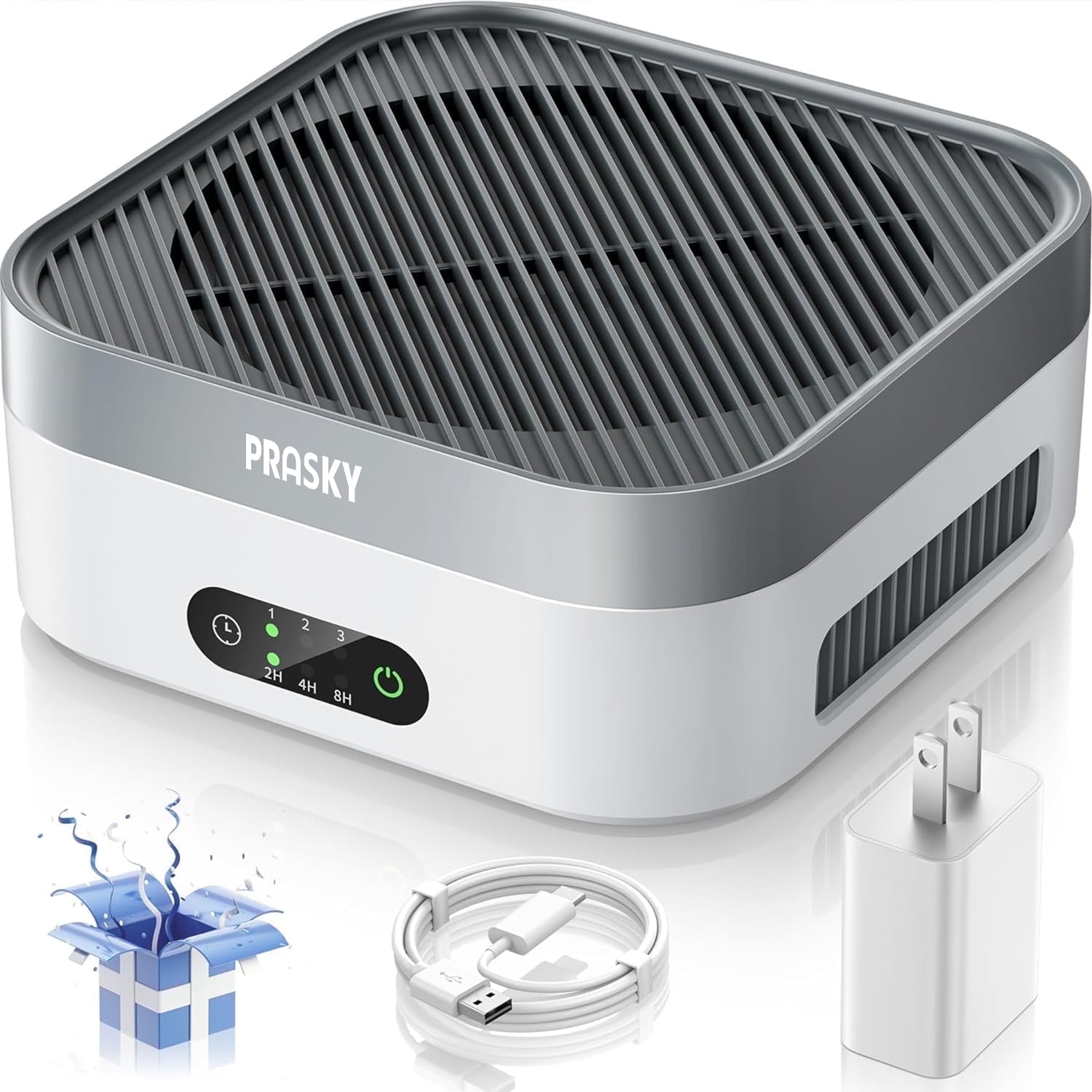 PRASKY Air Purifier for Home 600 Sq Ft Coverage, True HEPA Filter for Pets, Smoke & Allergies | Quiet & Portable for Bedroom/Travel/Car (Gray)