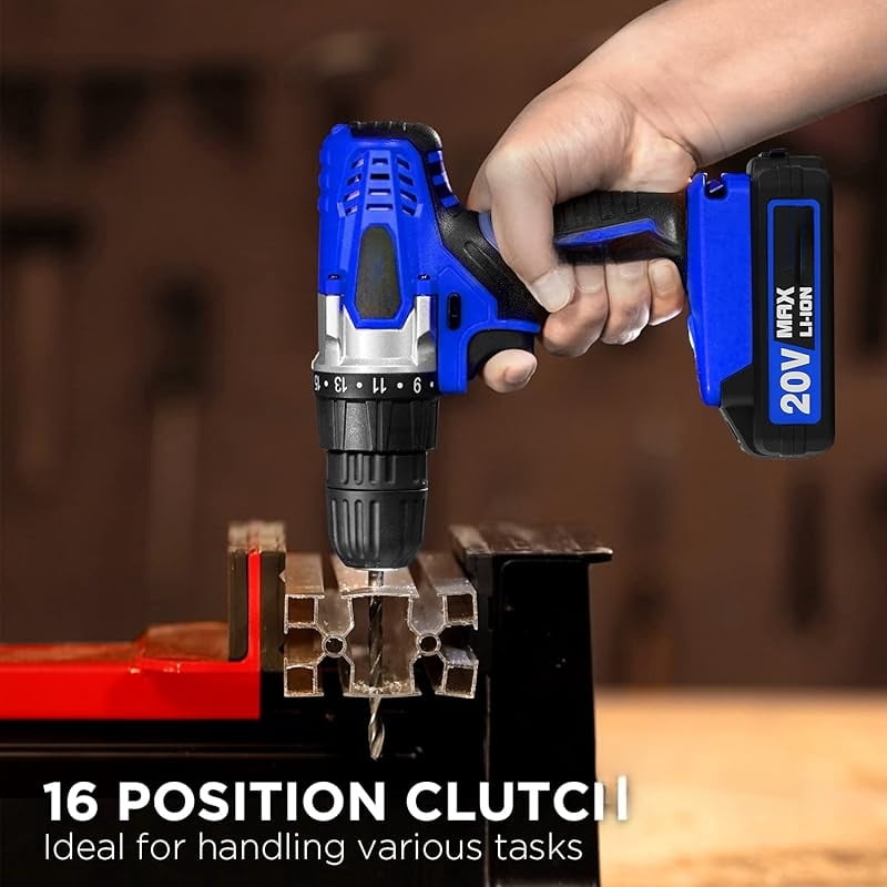 20V MAX Lithium lon Cordless Drill Set, Power Drill Kit with Battery and Charger, 3/8-Inch Keyless Chuck, Variable Speed, 16 Position and 22pcs Drill Bits (blue)