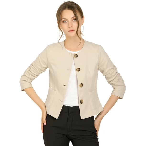 Chaqueta De Mujer Con Botones Cortos Y Ligeros Vintage De Otoño Con Bolsillos Beige L