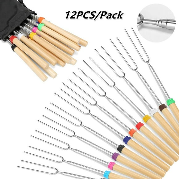Marshmallows Roasting Sticks 12”-32” Extendable Barbecue Forks Wooden Handle for BBQ Hot Dog Fork Fire Pit Camping Cookware