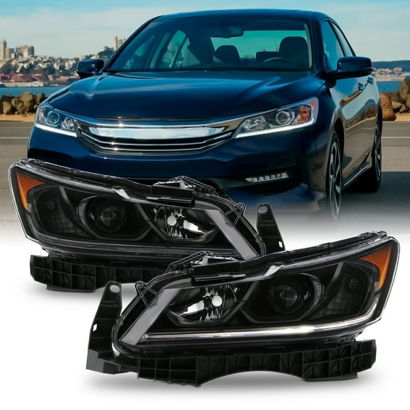 AKKON - Fits 2016-2017 Honda Accord EX EX-L SE Sport [Halogen Type] Projector Black Headlights Pair w/LED DRL Tube Lamp