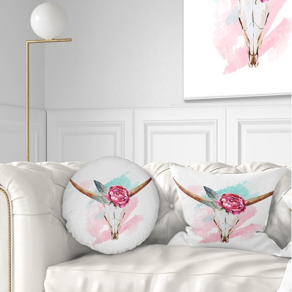 Designart Bull Skull and Flower - Floral Throw Pillow - 12x20