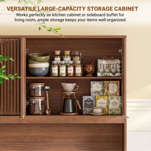 71" Tall Kitchen Pantry Cabinet with Power Outlet and Open Countertop, Modern Multi-Functional Storage Hutch Cabinet for Dining Room, Entryway and Living Room, Walnut