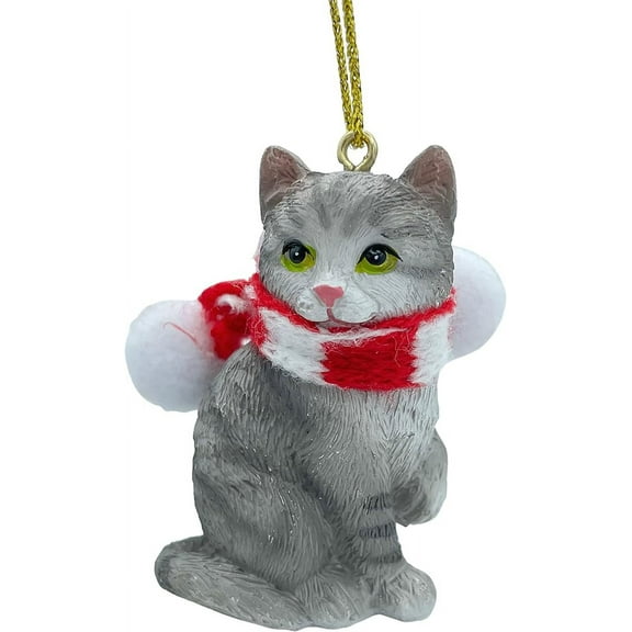 Gray Sliver Tabby Shorthair Kitty Cat Christmas Tree Ornament Cat Lover Gifts with Candy Cane Scarf