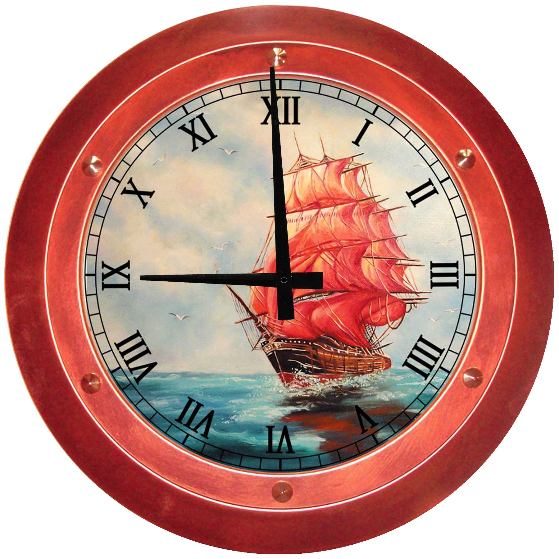 Large Wood Wall Clock 24 Inch Round Red Sailboat Round Small Battery