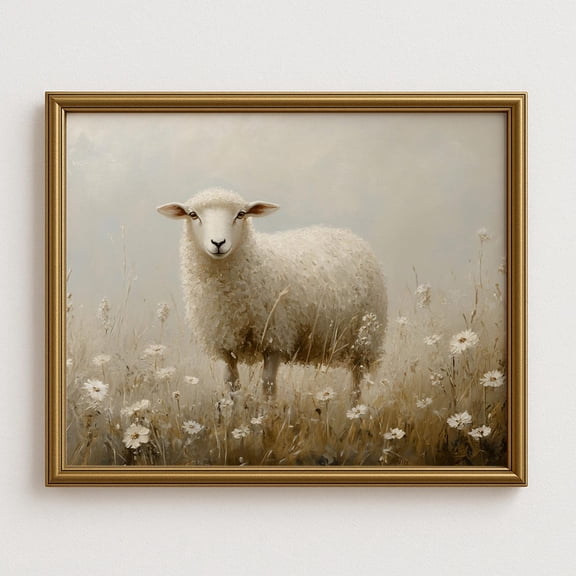 Sheep Wall Art, Rustic Farmhouse Of Sheep In Meadow With Wildflowers, Countryside Cottagecore Home Decor #785, Unframed Poster Size 8x12