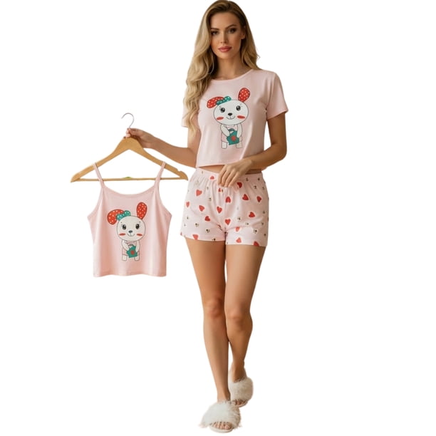 Pijama 3 Piezas Mujer Short Blusa Playera Suave Cómoda Relax
