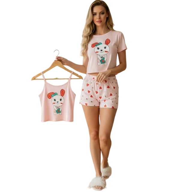 Pijama 3 Piezas Mujer Short Blusa Playera Suave Cómoda Relax