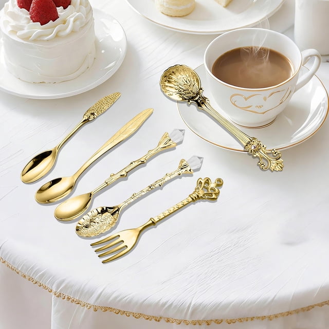 Juego de cucharas de postre | Cuchara de aleación de zinc con cubierta de cristal, estilo cortesano europeo, para servir helado y gelatina, elegante diseño de hojas, ideal para cenas