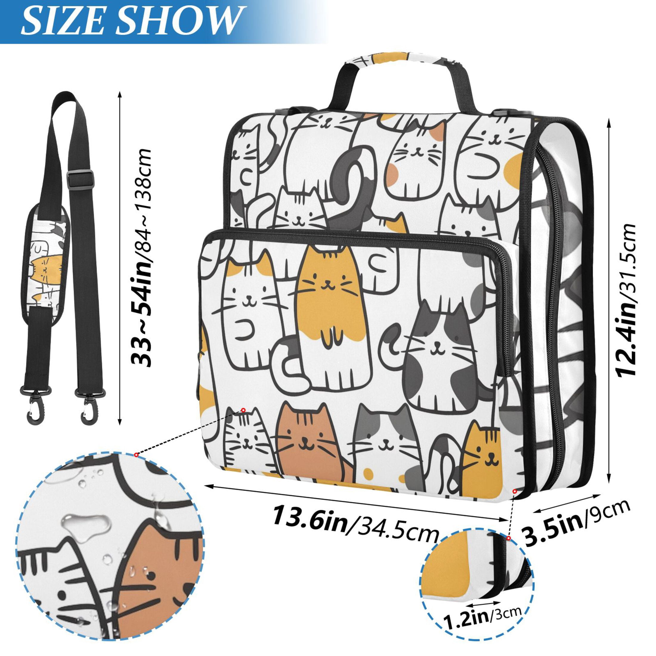 3 Ring Zipper Binder with Shoulder Strap Waterproof Trapper Keeper 2 Inch D-Ring 500 Sheets Capacity Cartoon Line Cats