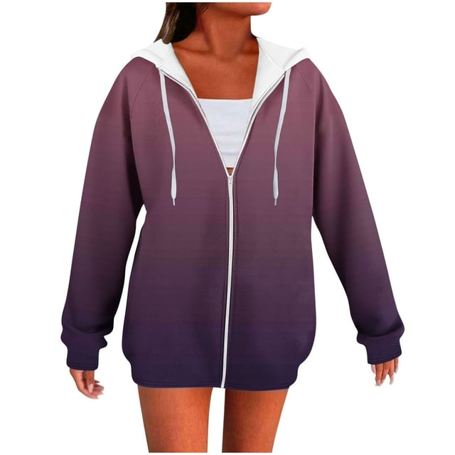 WRKEKC Womens Zip Up Hoodie Gradient Print Raglan Sleeve Hooded Sweatshirt with Drawstring Side Pockets Long Sleeve Fall and Winter Outerwear