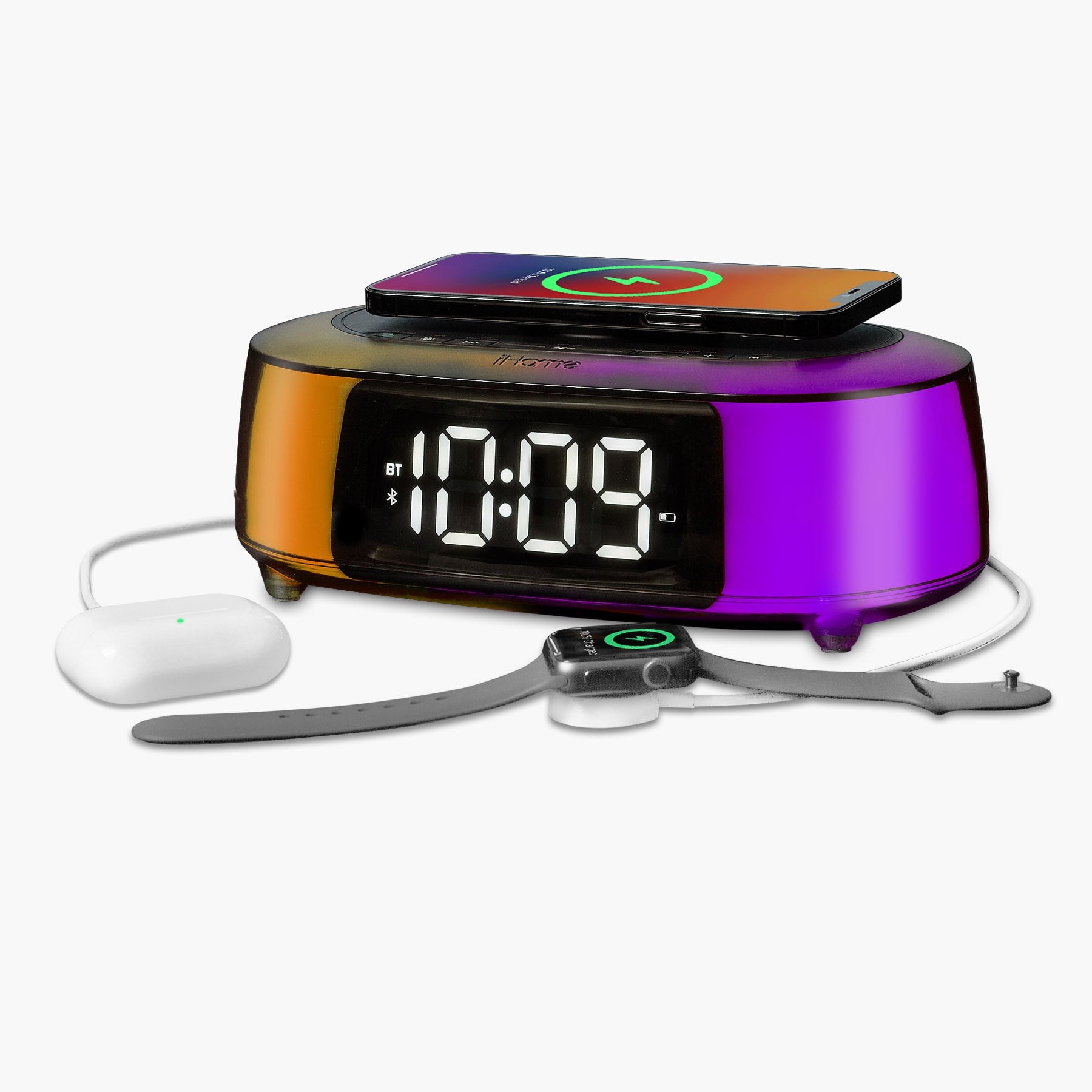 iHome Alarm Clock Radio with Wireless Charger, Bluetooth Speaker, and 2 USB Chargers (iBTW282)
