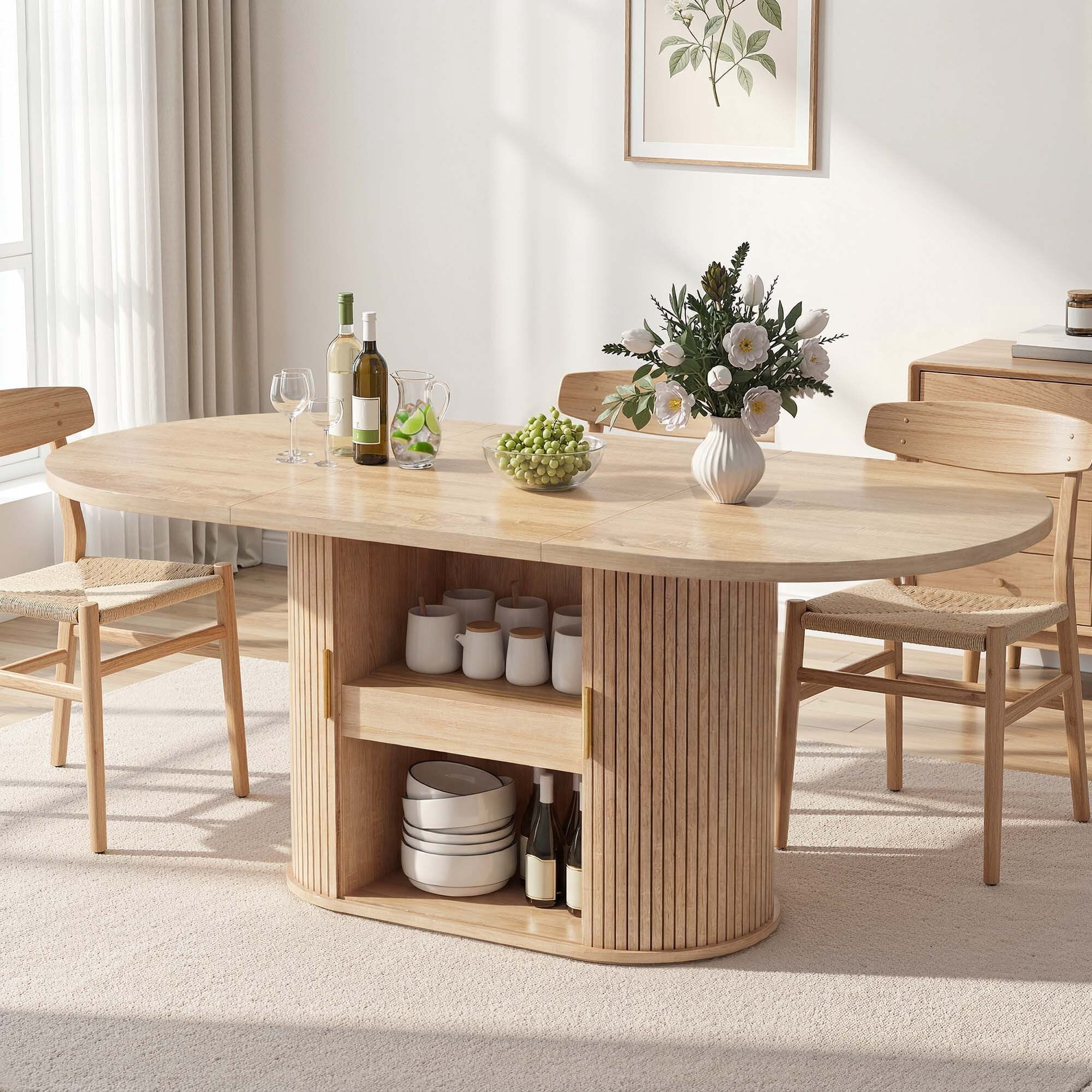 Uforic Oval Dining Table for 6-8 People, 70.9" Modern Kitchen Table with Fluted Base and Storage, Oak