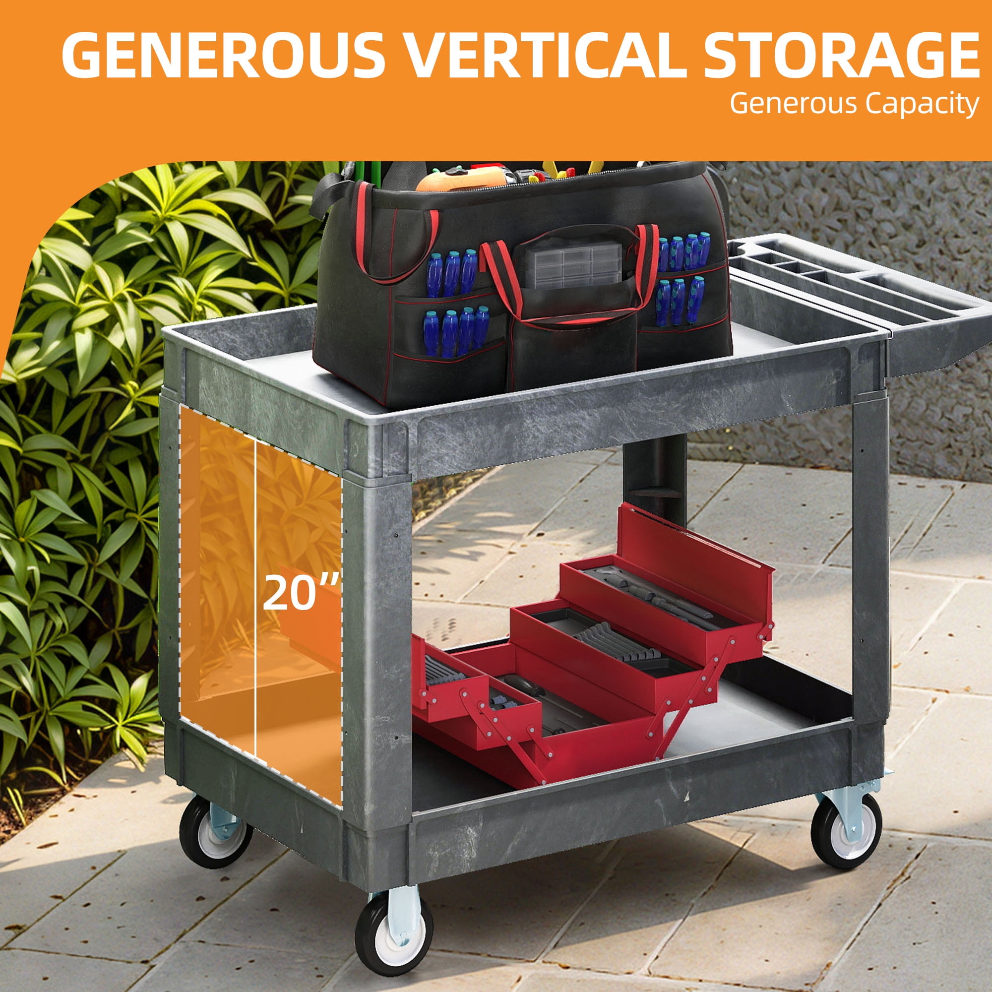 Uforic Rolling Utility Cart with Lockable Wheels, High Density Polyethylene Gray