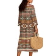 thumbnail image 4 of SCRAWLGOD American Tribal Print Cyan Brown Tunic Dress for Women 3/4 Sleeve V-Neck Lightweight Breathable Midi Linen-Look Dress Beach Oversized Loose Fit Sundress, XXL, 4 of 6