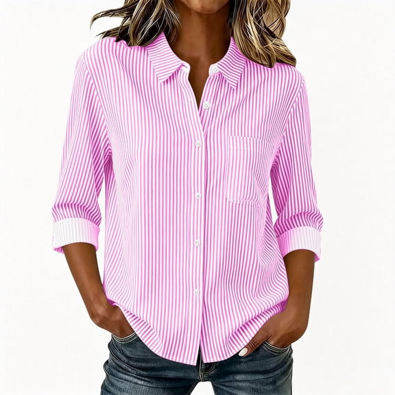 Women's Striped Button Down Shirt Long Sleeve Business Dressy Casual Blouses Classic Collared Work Outfits Clothes