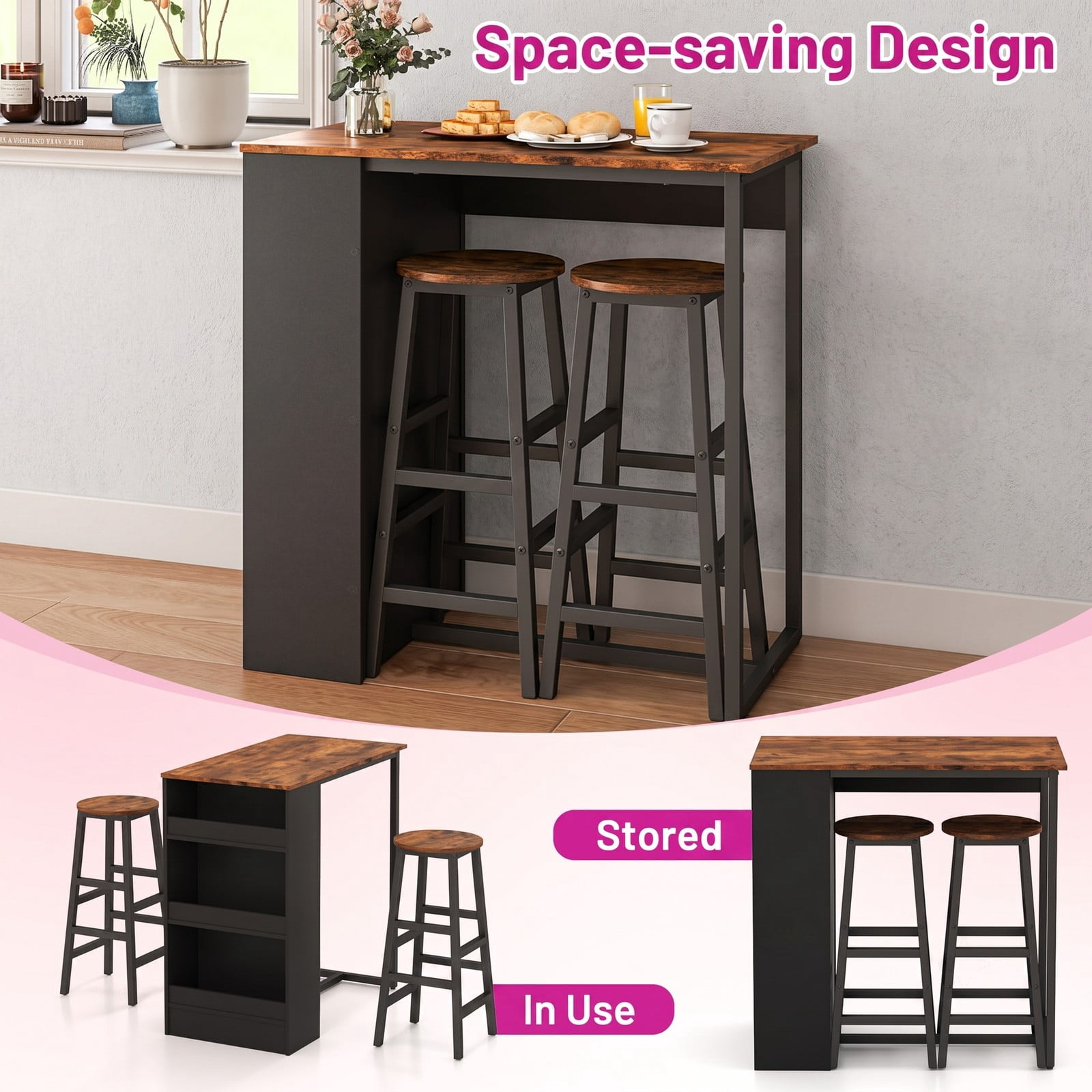 Furnibear 3-Piece Bar Table Set with Storage Shelf, Industrial Counter Height Pub Dining Table and 2 Stools for Kitchen Dining Room Restaurant, Space-Saving Bar, Brown