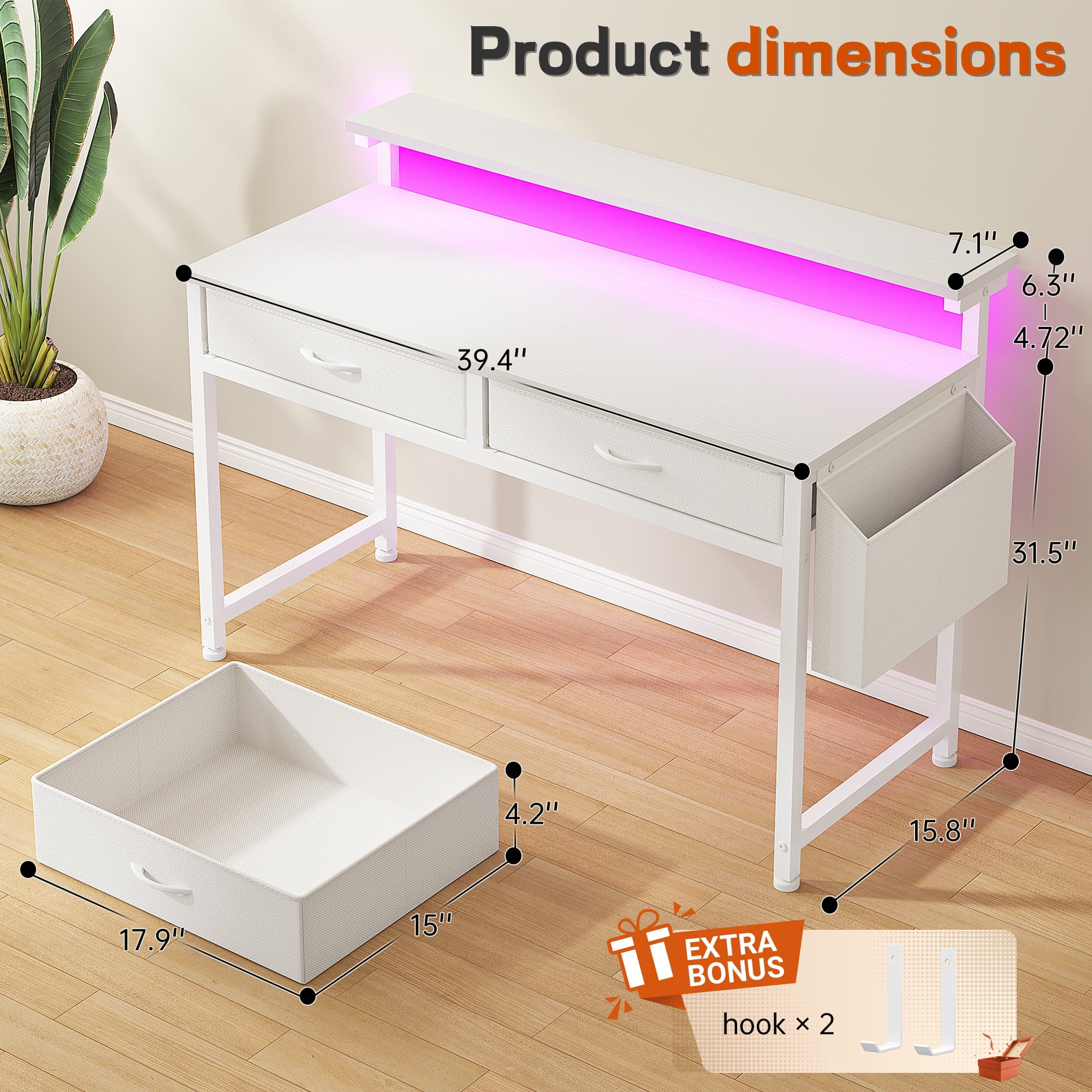 Romorgniz Computer Desk with LED Lights, 2 Fabric Drawers & Side Pocket, Small Desk with Monitor Stand for Home Office, Gaming, Small Spaces, White