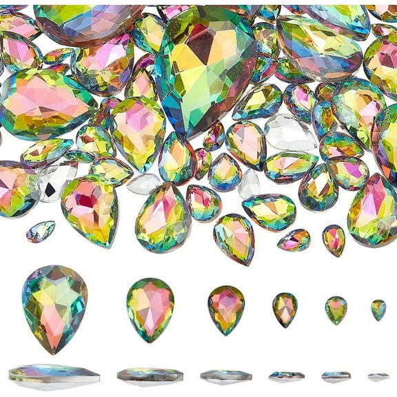 94 Pcs Teardrop Glass Rhinestones 6 Sizes Pointed Back Rhinestone Colorful Faceted Glass Rhinestones Gems Crystal Jewelry Embelishment with Plated Back