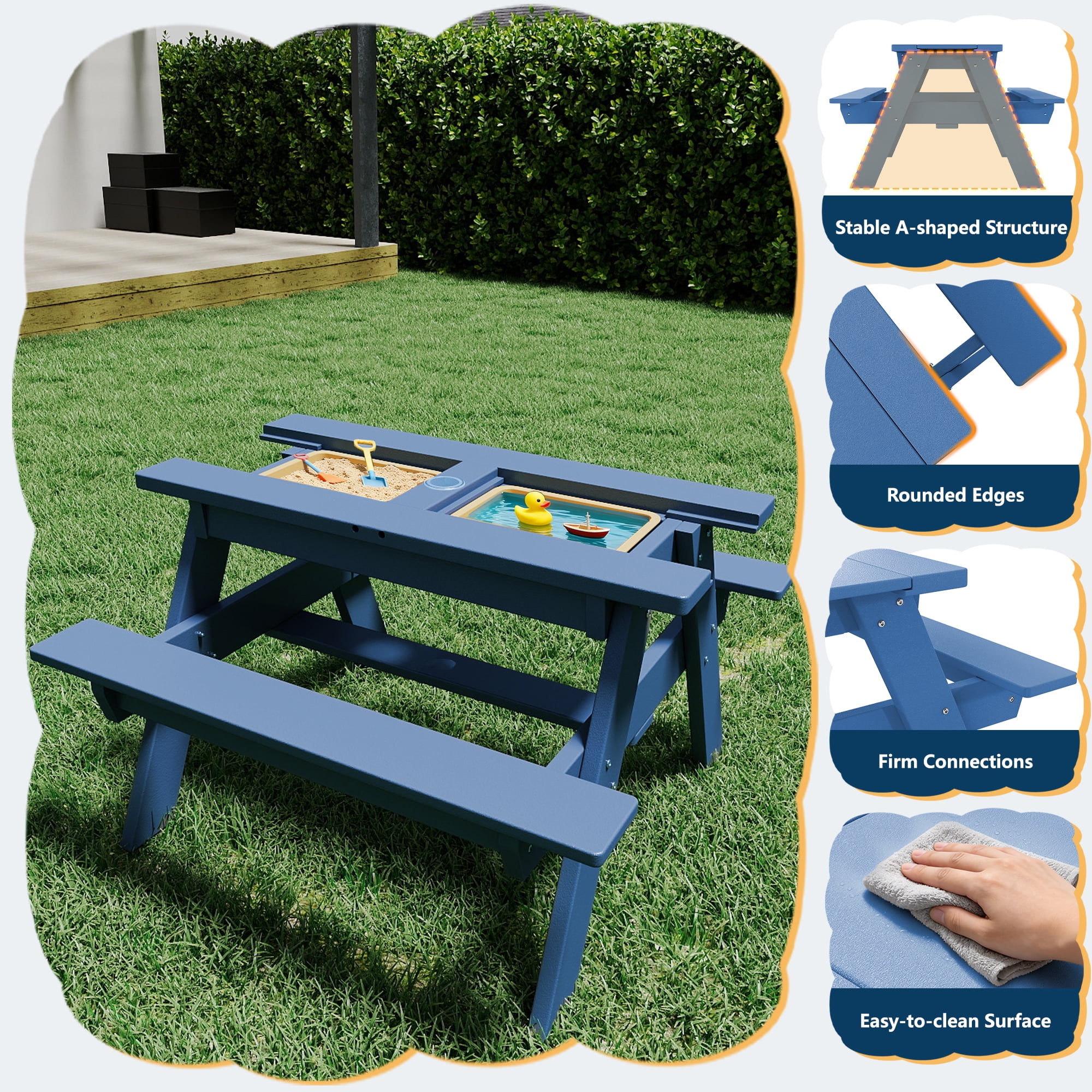 FOOWIN HDPE Kids Picnic Table, 3 in 1 Outdoor Convertible Sand & Water Table with Removable Tabletop, Kids Outdoor Table for Backyard Patio Play, Navy Blue