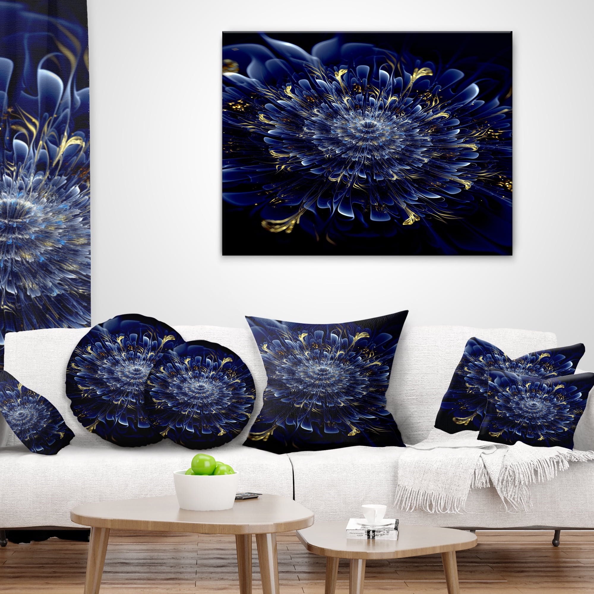 Designart Blue Fractal Flower - Floral Throw Pillow - 16x16
