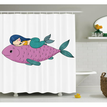 Mermaid Shower Curtain, Baby Mermaid Sleeping on Top Giant Fish Happy Best Friends Kids Nursery Theme, Fabric Bathroom Set with Hooks, Purple Teal, by